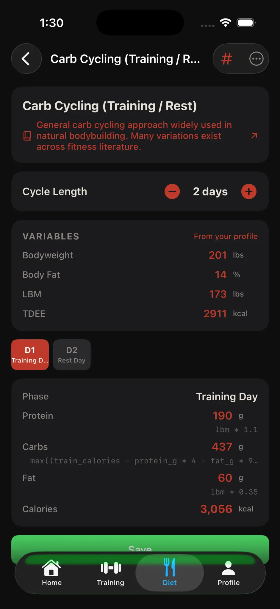 Korivo carb cycling — Training Day macros from LBM and TDEE