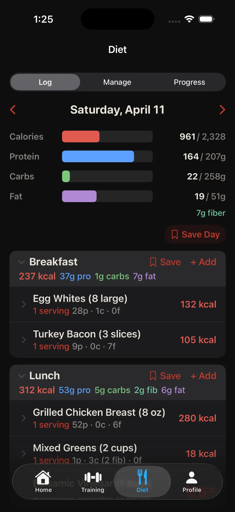 Korivo diet log — daily macro tracking with food entries