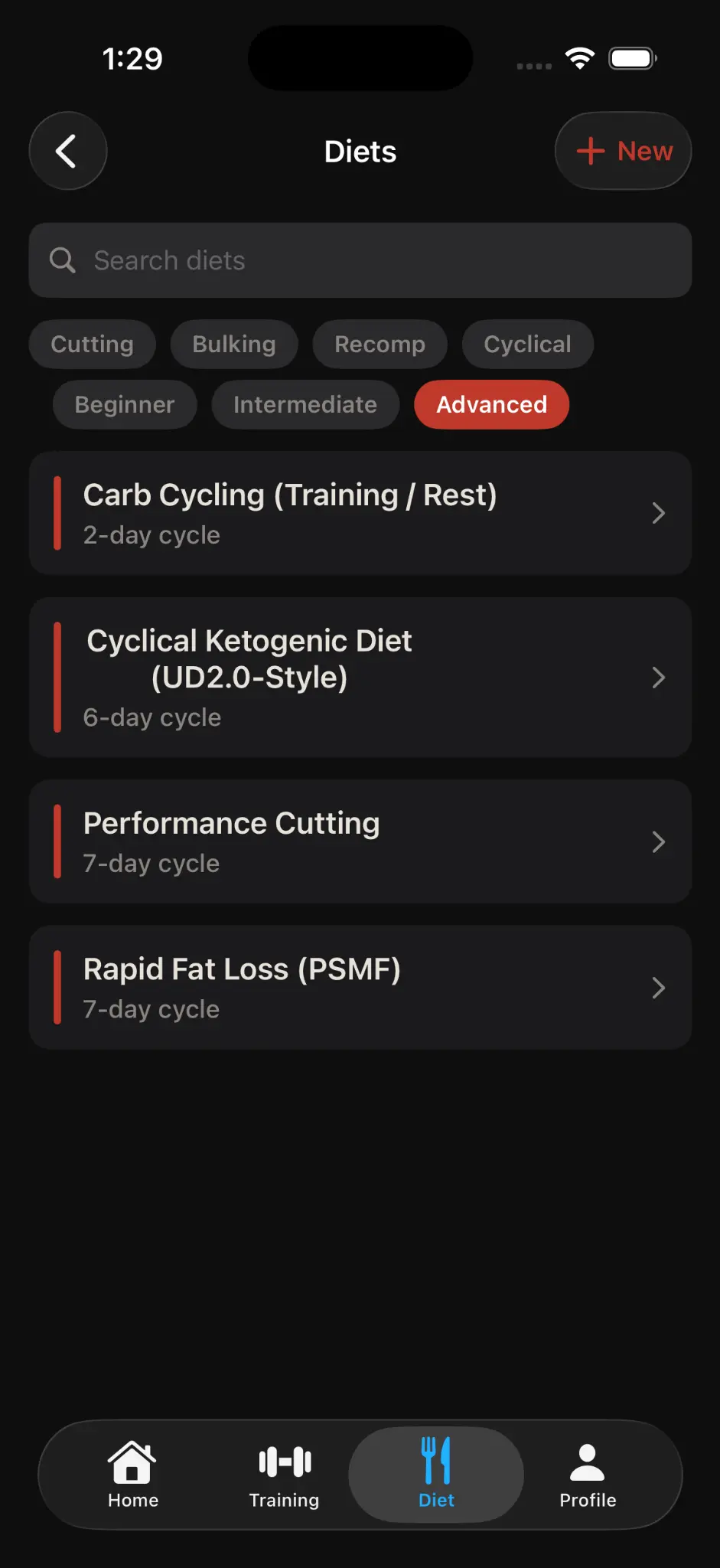 Korivo diet library — Carb Cycling, UD2.0, Performance Cutting, PSMF
